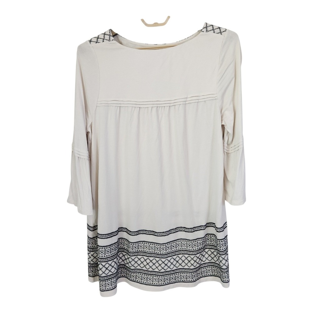 J Jill Embroidered Peasant Boho Cream Tunic Blouse L Tall Bell Flounce Sleeve - Picture 4 of 8